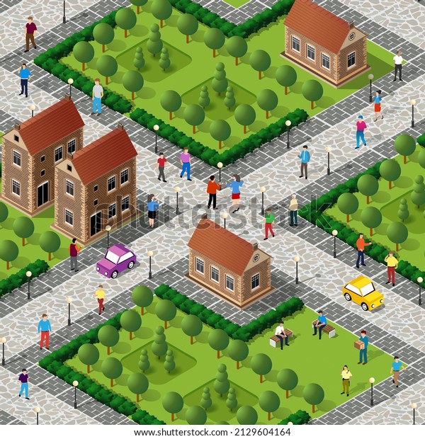 Isometric street\
people crossroads 3D illustration of a city block with houses,\
shop, streets, people,\
cars.