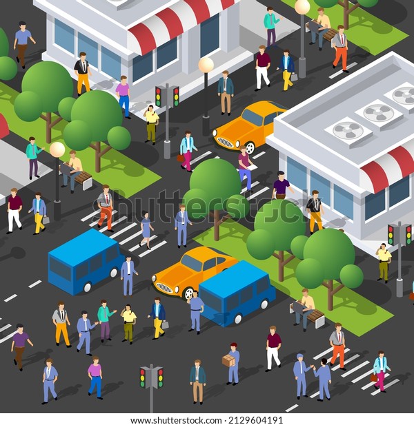 Isometric street\
people crossroads 3D illustration of a city block with houses,\
shop, streets, people,\
cars.