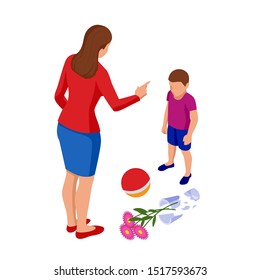 Isometric Strict Mother Scolds Her Son For A Broken Vase While Playing Football. The Boy Pleads Guilty. Misbehavior And Parenting.