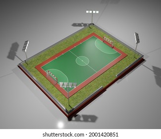 Isometric Style 3d Rendering Of Modern Urban Street Soccer Football Court With Spotlight Over White Background. 3d Illustration