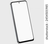 Isometric style photo of silver smartphone similar to android device without background. Template for mockup	