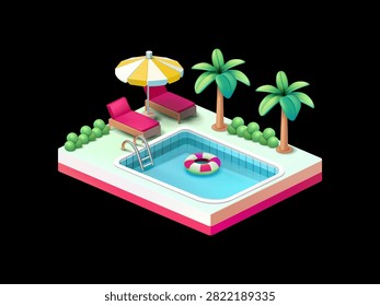 Isometric swimming pool scene featuring vibrant pink lounge chairs and a yellow striped beach umbrella setup