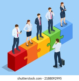 Isometric Teamwork With Puzzle, Teamwork, Cooperation, Partnership Concept. Collaboration, Unity As Jigsaw. Solution And Success. Recruitment Process