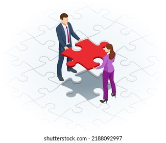 Isometric Teamwork With Puzzle, Teamwork, Cooperation, Partnership Concept. Collaboration, Unity As Jigsaw. Solution And Success.