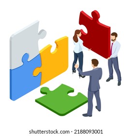 Isometric Teamwork With Puzzle, Teamwork, Cooperation, Partnership Concept. Collaboration, Unity As Jigsaw. Solution And Success.