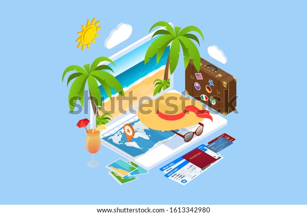 Isometric Tourism and Booking App concept.\
Travel equipment and luggage on a mobile laptop touch screen.\
Travel and tourism\
background.