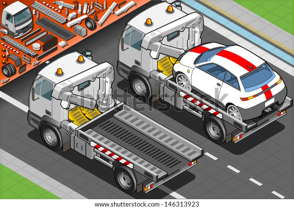 Isometric Tow\
Truck in Car Assistance in Rear\
View