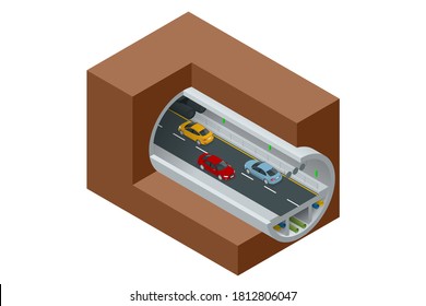 Isometric Underground Tunnel For Vehicular Road Traffic. Car Tunnel Under The Mountain, Road Tunnel.