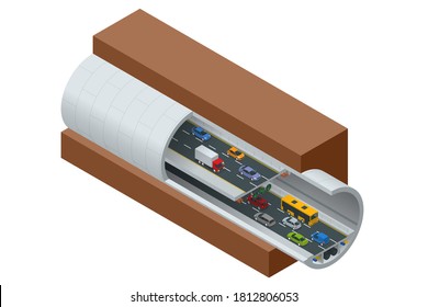 Isometric Underground Tunnel For Vehicular Road Traffic. Car Tunnel Under The Mountain, Road Tunnel.