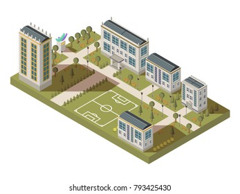 Isometric University Big Composition With Campus Yard Lanes Houses With Shadows And Football Playground  Illustration