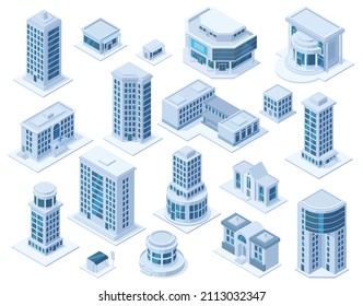 Isometric Urban City Downtown District Architecture Buildings. Skyscraper Buildings, Hospital School And Shop  Illustration Set. Modern City Buildings Isometric Downtown Architecture