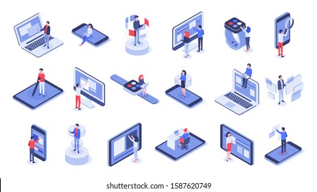 Isometric User Interface. Online Office, Device Interactions And Touch Mobile Interfaces. Message Sharing Social App Test Drawing, Ui Seo Process Testing. Isolated 3d Icons  Set