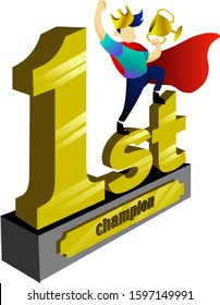 isometric vector illustration first winner that has picture number 1 and people wearing the crown grapping the trophy