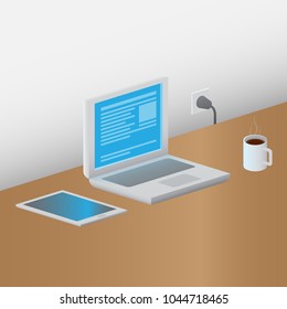 Isometric vector illustration of office table with laptop, tablet and cup of coffee on it.