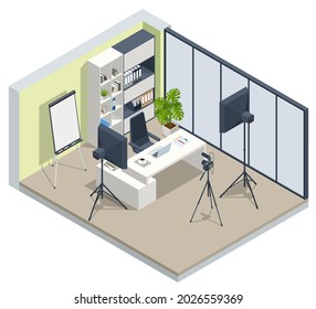 Isometric Video Blogger Recording Video With Camera. Equipment For Making Video For Blog, Vlog Review Or Online Streaming. Studio Lamp Light Ring, Selfie Photo Camera Stick