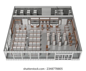 Isometric view of a 3d layout plan inside an electronics or manufactured goods store