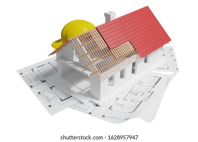 Isometric view 3D Render house in construction build and blueprints   yellow worker safety helmet isolated white background