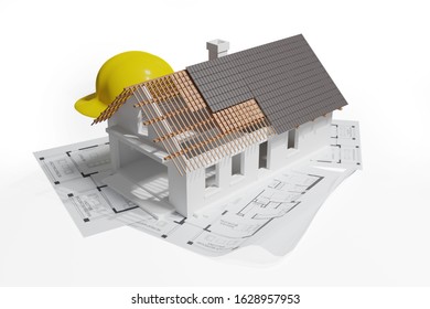 Isometric view 3D Render house in construction build and blueprints   yellow worker safety helmet isolated white background