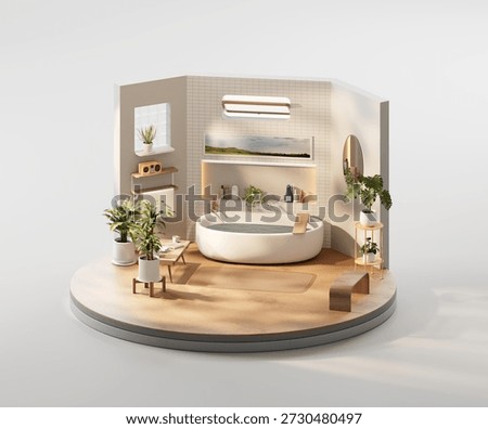 Isometric view bathroom open inside with sunlight interior architecture 3d rendering
