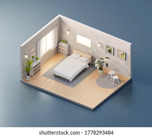 Schlafzimmer mit eigenem Ausblick, offen im Inneren der Architektur, 3D-Rendering.