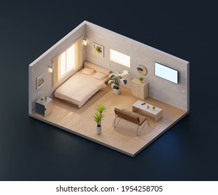 Isometric view bed room open inside interior architecture, 3d rendering.