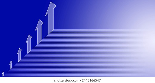 Isometric view. Blue background has an arrow with pointing upwards. Glowing white background and straight lines.