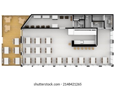 Isometric view cafe store open inside interior architecture, 3d rendering. Small cafe - top view plans. Blueprint.