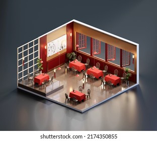 Isometric View Chinese Restaurant Open Inside Interior Architecture, 3d Rendering.