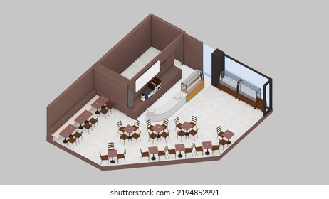 Isometric View Of A  Coffee Shop, Bakery Shop, 3d Rendering.