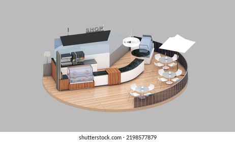 Isometric View Of A  Coffee Shop, Bakery Shop, 3d Rendering.