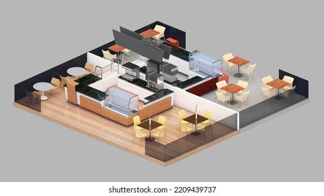 Isometric View Of A  Coffee Shop, Bakery Shop, 3d Rendering.