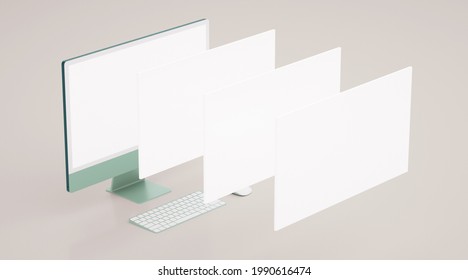 Isometric View Of Colored Desk Computer Mockup With Blank Screen Some Floating Screens In 3D Rendering. Web And App Design Presentation