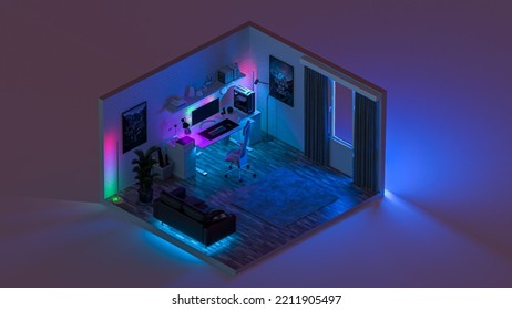 Isometric View Of Creative Office By Night. Colored Led Lights. 3D Illustration.