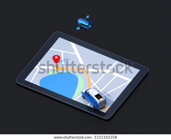 Isometric view of delivery drone and van on\
digital tablet computer. Black background. Last one mile digital\
solution\
concept.