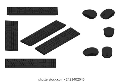 Isometric view of keyboard and mouse on white background