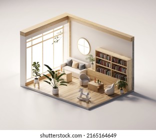 Isometric View Living Room Muji Style Open Inside Interior Architecture, 3d Rendering Digital Art.