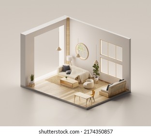 Isometric View Living Room Muji Style Open Inside Interior Architecture, 3d Rendering Digital Art.