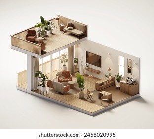 Isometric view living room muji style open inside interior architecture 3d rendering