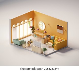 Isometric View Living Room Open Inside Interior Architecture, 3d Rendering Digital Art.