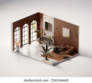 Isometric View Living Room Open Inside Interior Architecture, 3d Rendering Digital Art.