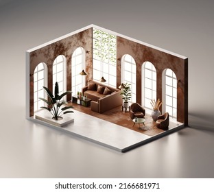 Isometric View Living Room Open Inside Interior Architecture, 3d Rendering Digital Art.