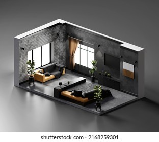 Isometric View Living Room Open Inside Interior Architecture, 3d Rendering Digital Art.