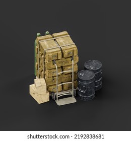 Isometric View Military Arsenal Pile With Fuel Barrels And Ammunition Boxes, 3d Rendering, Nobody