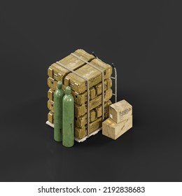 Isometric View Military Arsenal Pile With Fuel Barrels And Ammunition Boxes, 3d Rendering, Nobody