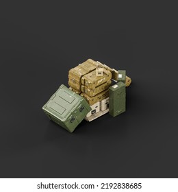 Isometric View Military Arsenal Pile With Fuel Barrels And Ammunition Boxes, 3d Rendering, Nobody