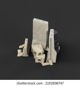 Isometric View Military Sand Blocks And Military Equipment Pile, 3d Rendering, Nobody.