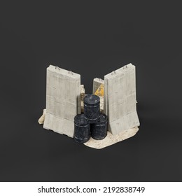 Isometric View Military Sand Blocks And Military Equipment Pile, 3d Rendering, Nobody.