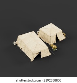 Isometric View Military Tent And Shelter, Campsite For Soldiers, Humanitarian Aid Tent, 3d Rendering