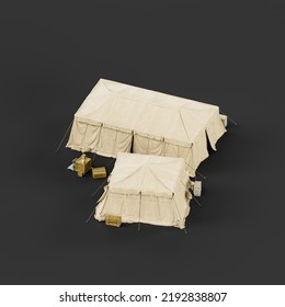 Isometric View Military Tent And Shelter, Campsite For Soldiers, Humanitarian Aid Tent, 3d Rendering