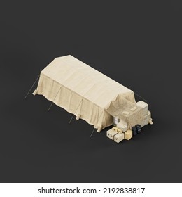 Isometric View Military Tent And Shelter, Campsite For Soldiers, Humanitarian Aid Tent, 3d Rendering